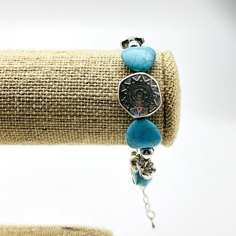 Bijoux By Meera Genuine Turquoise Silver Tone Beaded Bracelet Boho Medallion